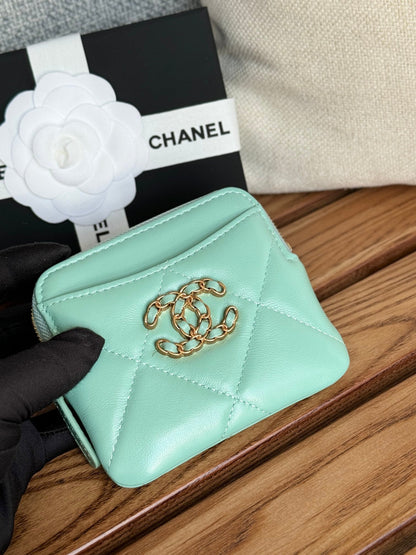 cc 19 zipped coin purse 11cm turquoise blue lambskin gold hardware