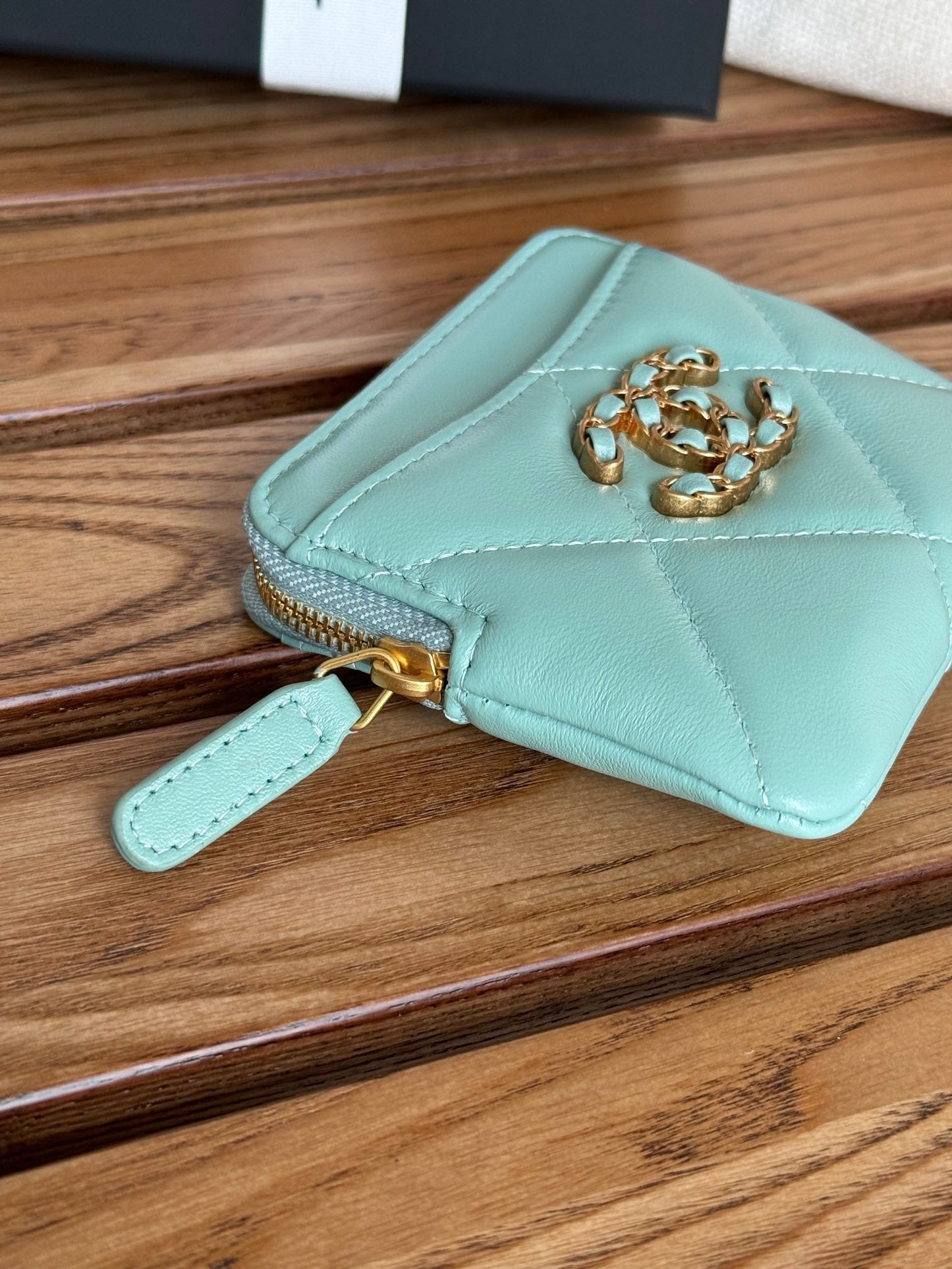 cc 19 zipped coin purse 11cm turquoise blue lambskin gold hardware