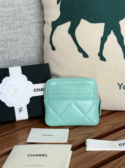 cc 19 zipped coin purse 11cm turquoise blue lambskin gold hardware