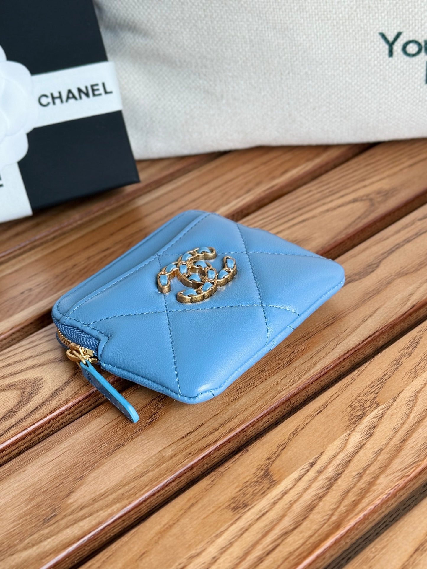 cc 19 zipped coin purse 11cm blue lambskin gold hardware