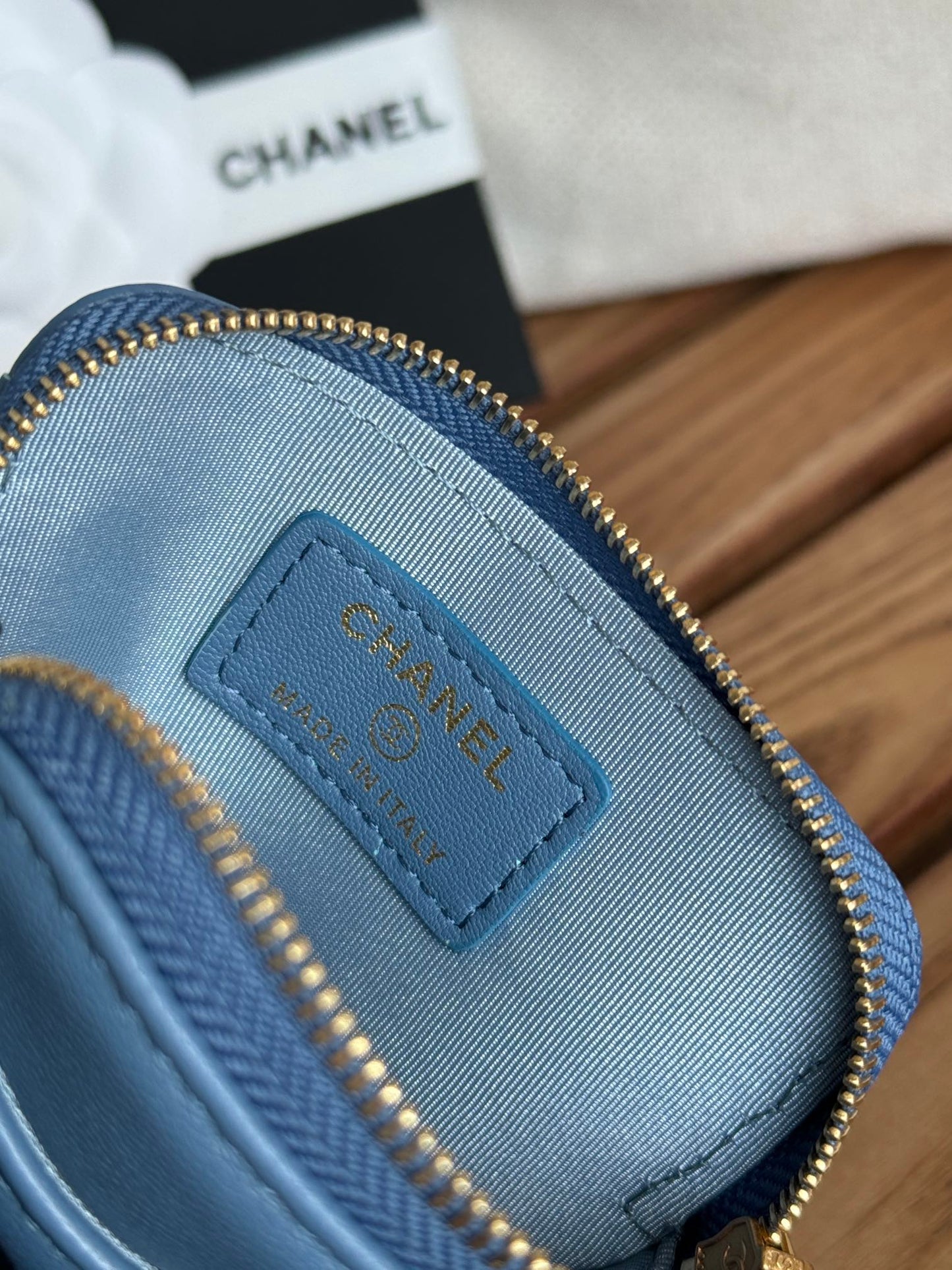 cc 19 zipped coin purse 11cm blue lambskin gold hardware