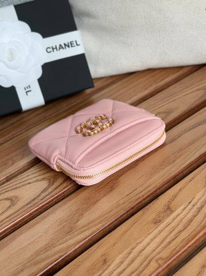 cc 19 zipped coin purse 11cm pink lambskin gold hardware