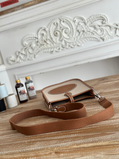 MINI NEO 17 EVELYNE BAG IN BEIGE CANVAS AND BRONZE BROWN CALFSKIN