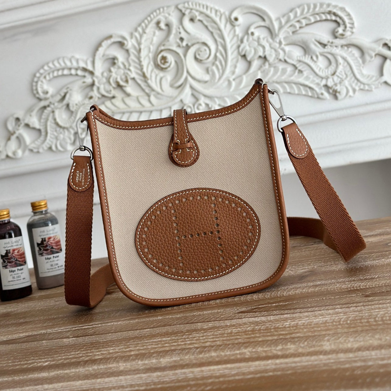 MINI NEO 17 EVELYNE BAG IN BEIGE CANVAS AND BRONZE BROWN CALFSKIN