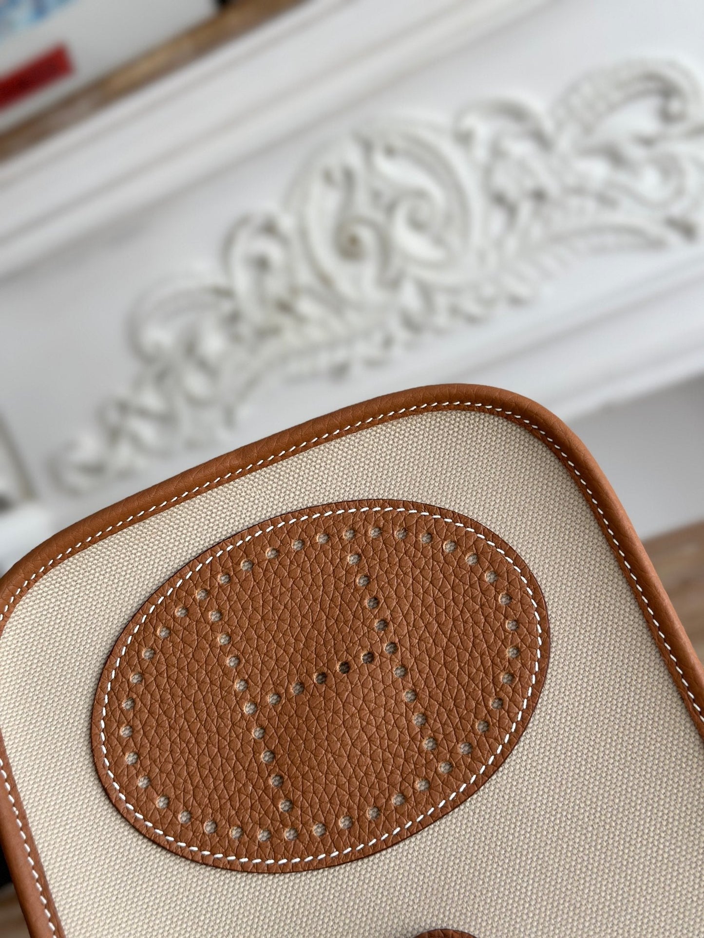 MINI NEO 17 EVELYNE BAG IN BEIGE CANVAS AND BRONZE BROWN CALFSKIN