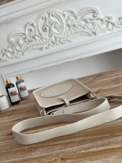MINI NEO 17 EVELYNE BAG IN OYSTER TAN CANVAS AND WHITE CALFSKIN