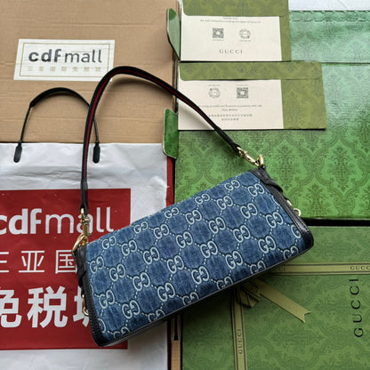 LUCE SMALL SHOULDER BAG 27 IN BLUE EMBOSSED DENIM AND BLACK CALFSKIN TRIM GOLD HARDWARE