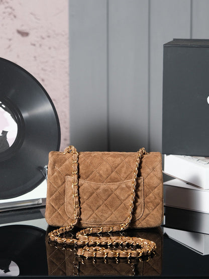 Classic Flap Bag 20cm Brown Suede Gold Hardware