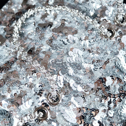 25C Flap Bag 21cm Dense Silver Sequin White Calfskin