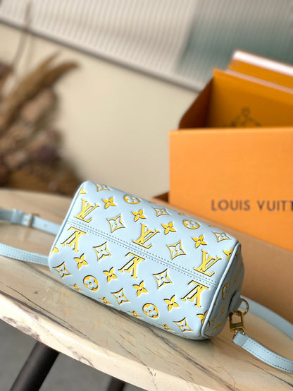 SPEEDY BANDOULI¨¨RE 20 IN SKY YELLOW MONOGRAM CALFSKIN GOLD BUCKLE