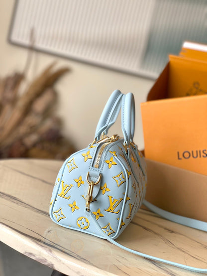 SPEEDY BANDOULI¨¨RE 20 IN SKY YELLOW MONOGRAM CALFSKIN GOLD BUCKLE