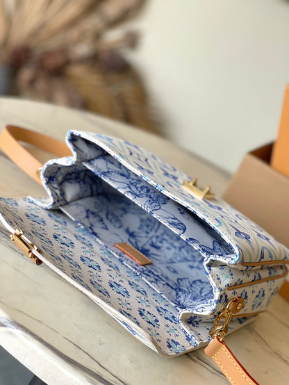 POCHETTE M¨¦TIS 25 IN LAGOON BLUE MONOGRAM TILES CANVAS GOLD HARDWARE