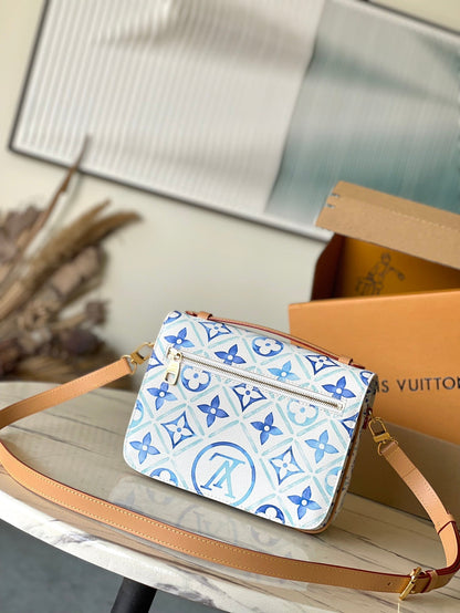 POCHETTE M¨¦TIS 25 IN LAGOON BLUE MONOGRAM TILES CANVAS GOLD HARDWARE