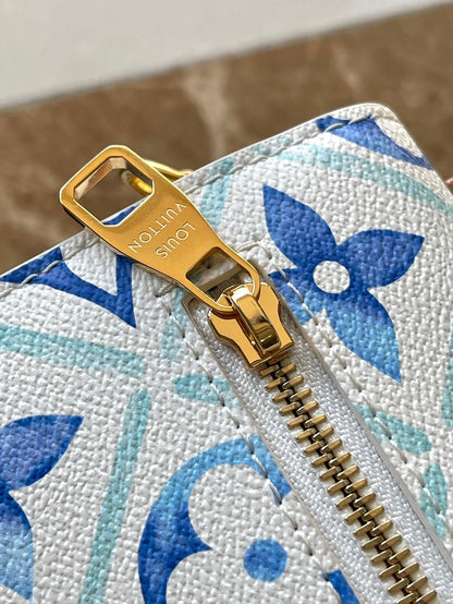 POCHETTE M¨¦TIS 25 IN LAGOON BLUE MONOGRAM TILES CANVAS GOLD HARDWARE