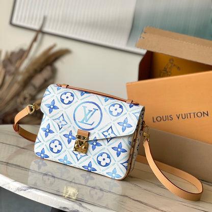 POCHETTE M¨¦TIS 25 IN LAGOON BLUE MONOGRAM TILES CANVAS GOLD HARDWARE