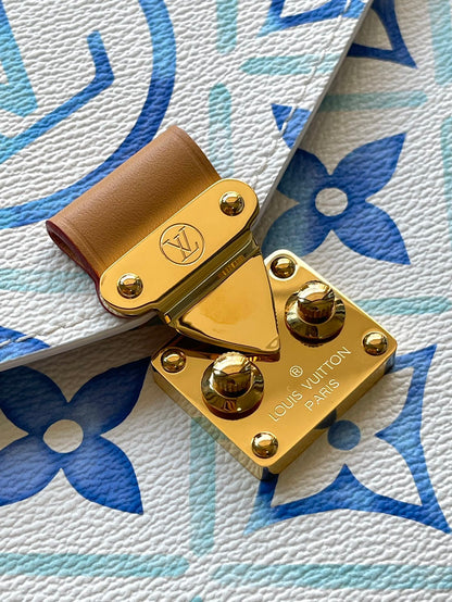 POCHETTE M¨¦TIS 25 IN LAGOON BLUE MONOGRAM TILES CANVAS GOLD HARDWARE