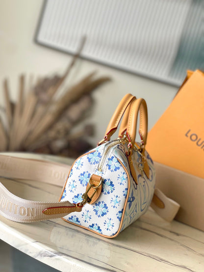 SPEEDY BANDOULI¨¨RE 20 IN LAGOON BLUE MONOGRAM TILES CANVAS GOLD BUCKLE