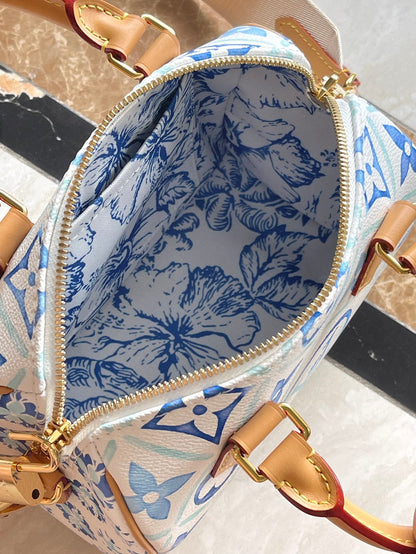 SPEEDY BANDOULI¨¨RE 20 IN LAGOON BLUE MONOGRAM TILES CANVAS GOLD BUCKLE