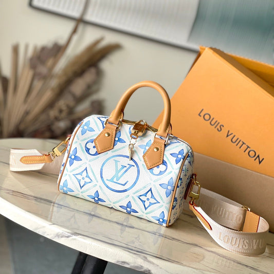 SPEEDY BANDOULI¨¨RE 20 IN LAGOON BLUE MONOGRAM TILES CANVAS GOLD BUCKLE