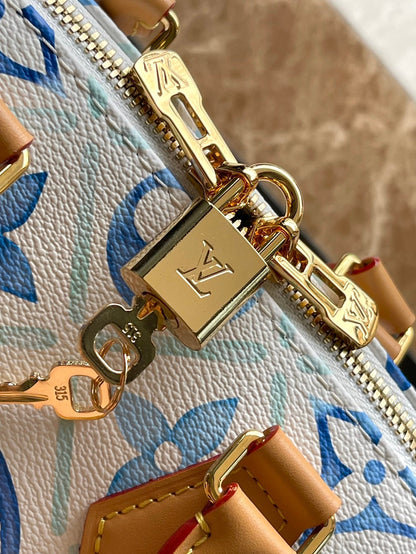 SPEEDY BANDOULI¨¨RE 20 IN LAGOON BLUE MONOGRAM TILES CANVAS GOLD BUCKLE