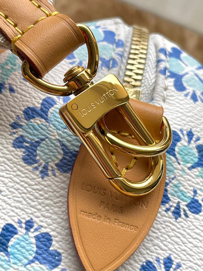 SPEEDY BANDOULI¨¨RE 20 IN LAGOON BLUE MONOGRAM TILES CANVAS GOLD BUCKLE