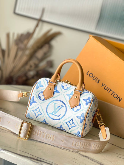 SPEEDY BANDOULI¨¨RE 20 IN LAGOON BLUE MONOGRAM TILES CANVAS GOLD BUCKLE