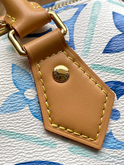 SPEEDY BANDOULI¨¨RE 20 IN LAGOON BLUE MONOGRAM TILES CANVAS GOLD BUCKLE