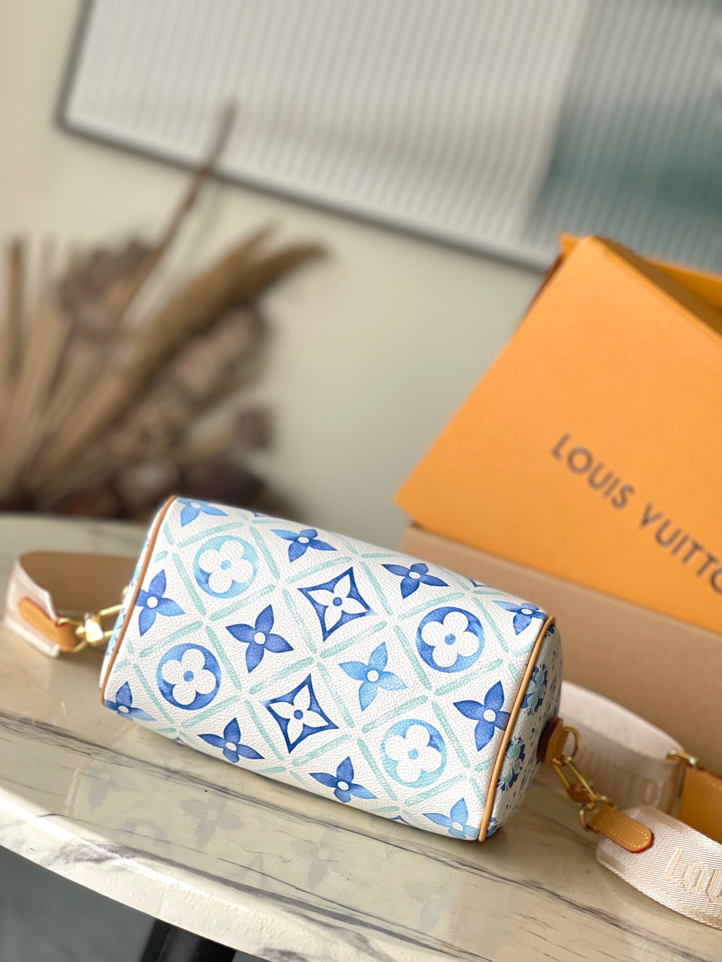 SPEEDY BANDOULI¨¨RE 20 IN LAGOON BLUE MONOGRAM TILES CANVAS GOLD BUCKLE