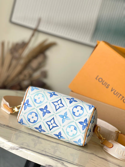 SPEEDY BANDOULI¨¨RE 20 IN LAGOON BLUE MONOGRAM TILES CANVAS GOLD BUCKLE