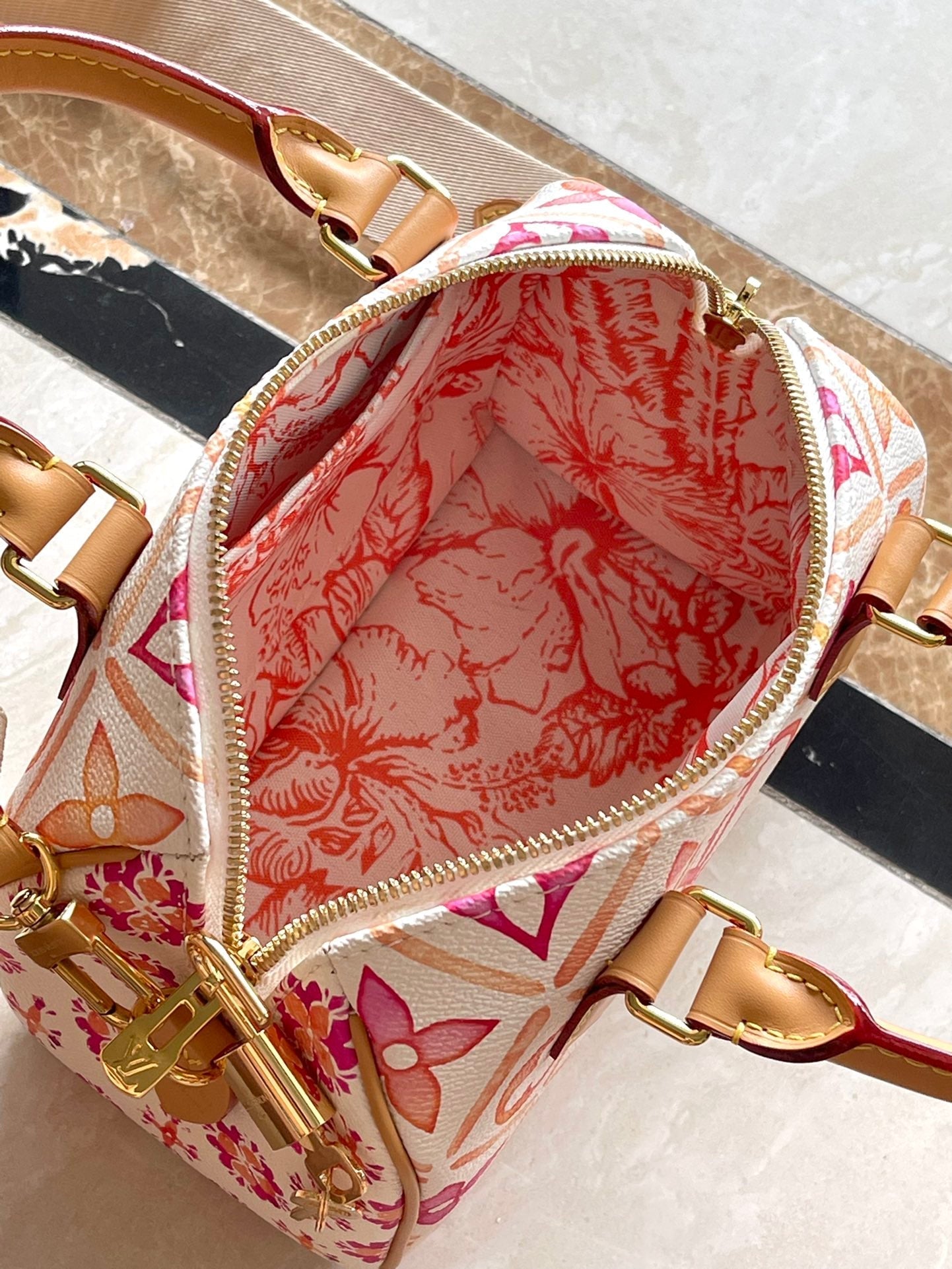 SPEEDY BANDOULI¨¨RE 20 IN CORAL MONOGRAM TILES CANVAS GOLD BUCKLE