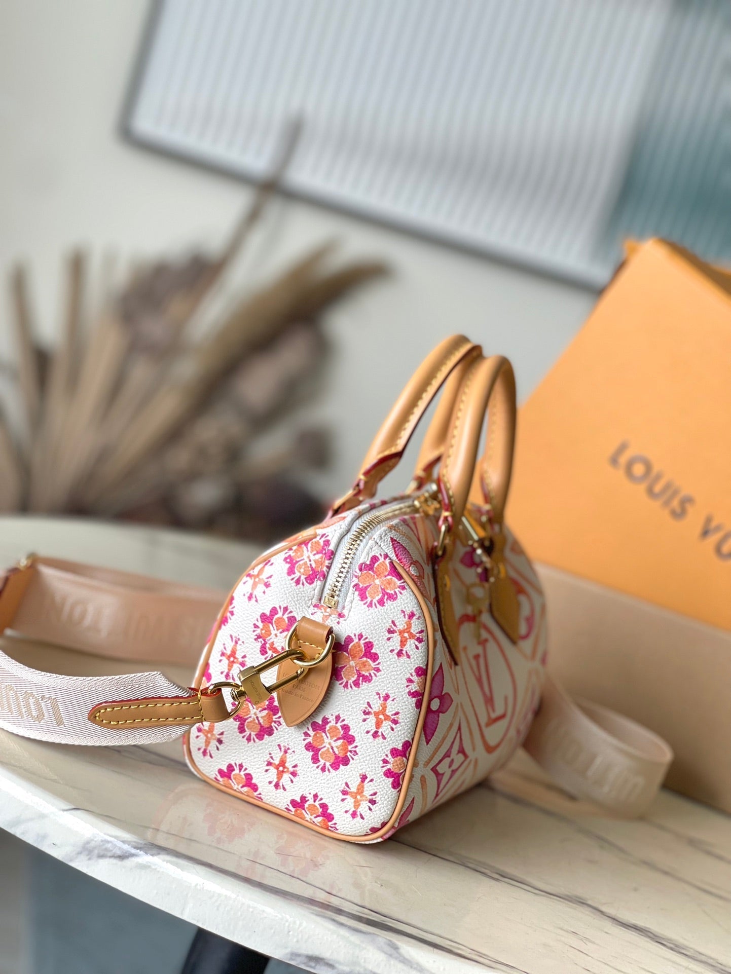 SPEEDY BANDOULI¨¨RE 20 IN CORAL MONOGRAM TILES CANVAS GOLD BUCKLE