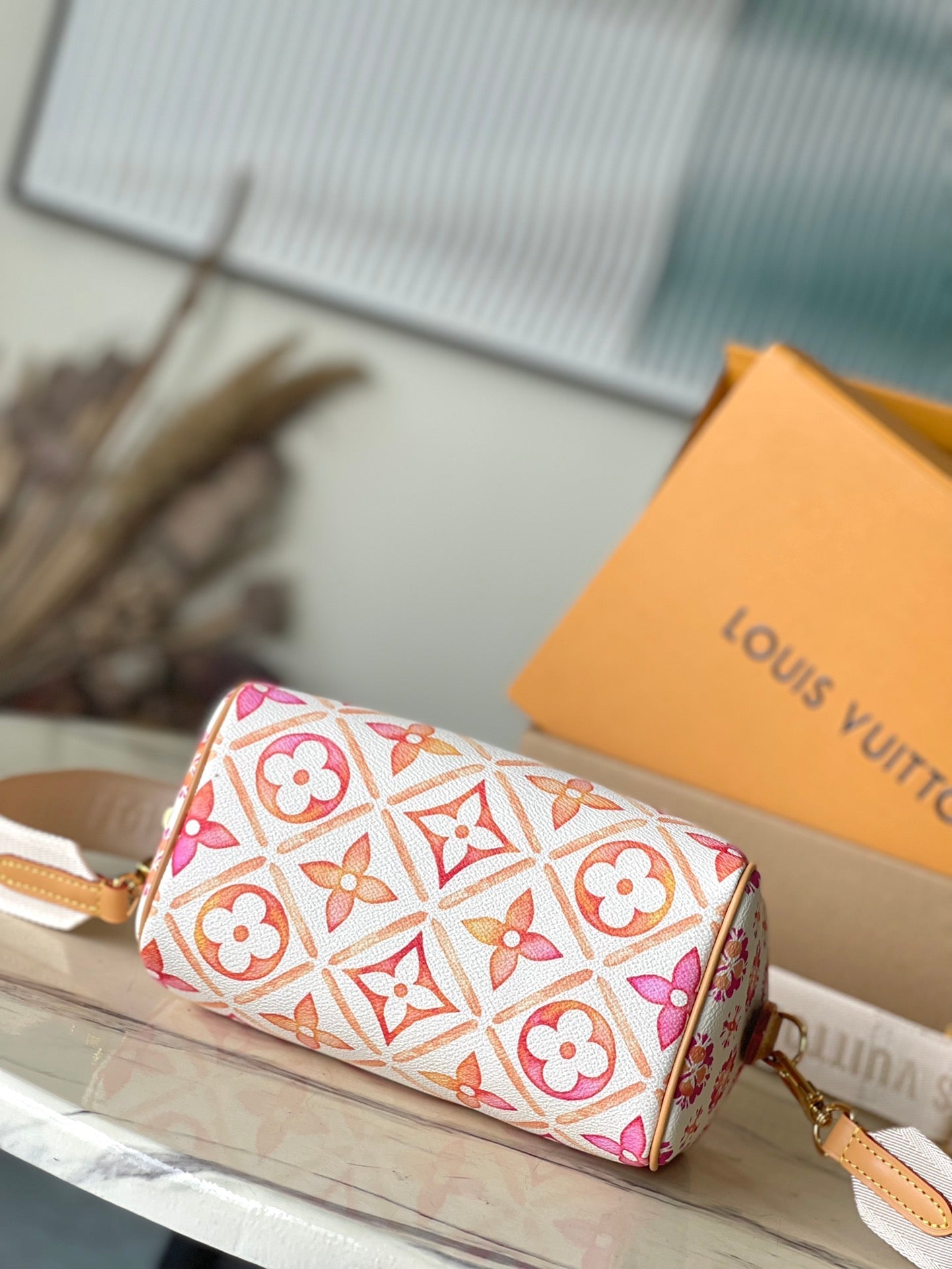 SPEEDY BANDOULI¨¨RE 20 IN CORAL MONOGRAM TILES CANVAS GOLD BUCKLE