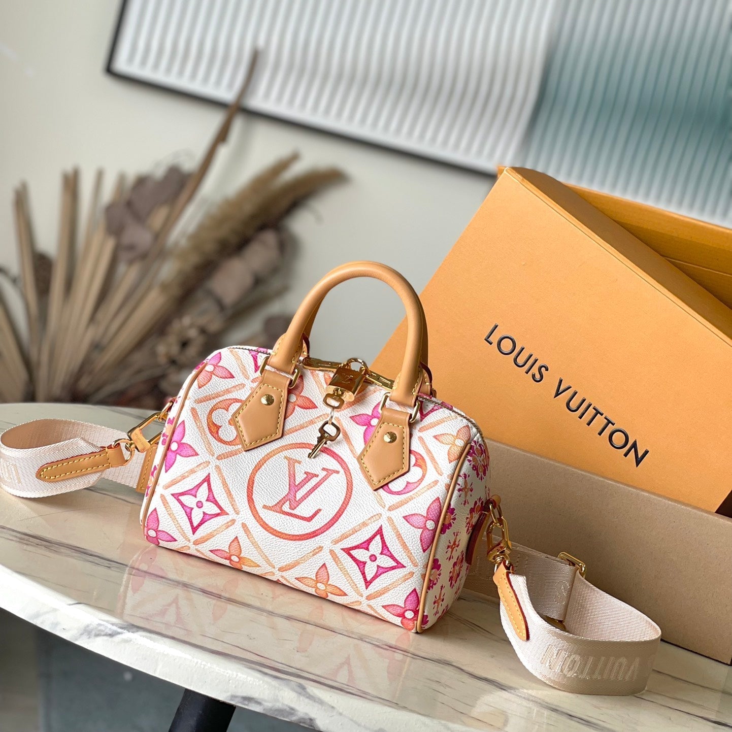 SPEEDY BANDOULI¨¨RE 20 IN CORAL MONOGRAM TILES CANVAS GOLD BUCKLE