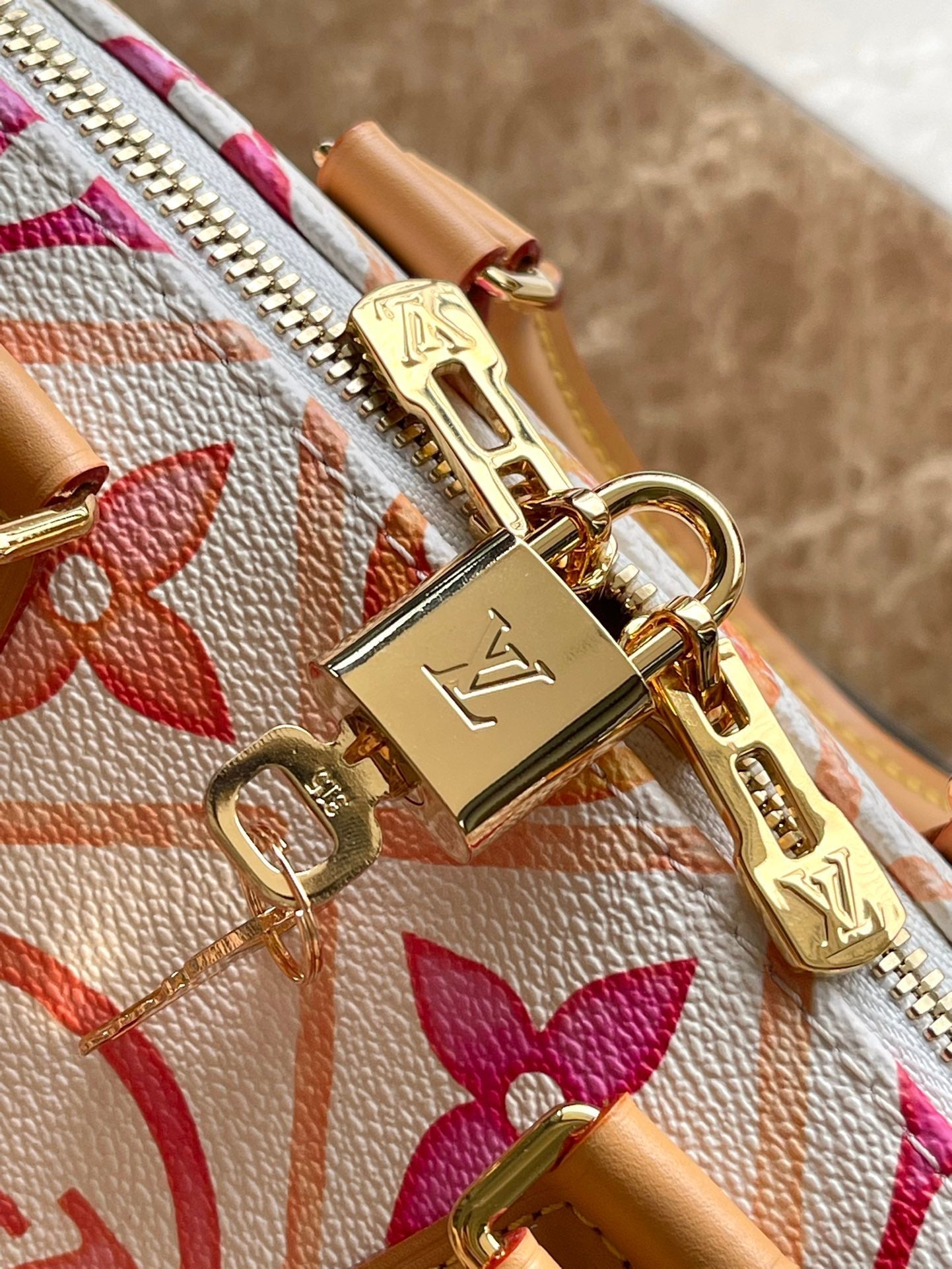 SPEEDY BANDOULI¨¨RE 20 IN CORAL MONOGRAM TILES CANVAS GOLD BUCKLE