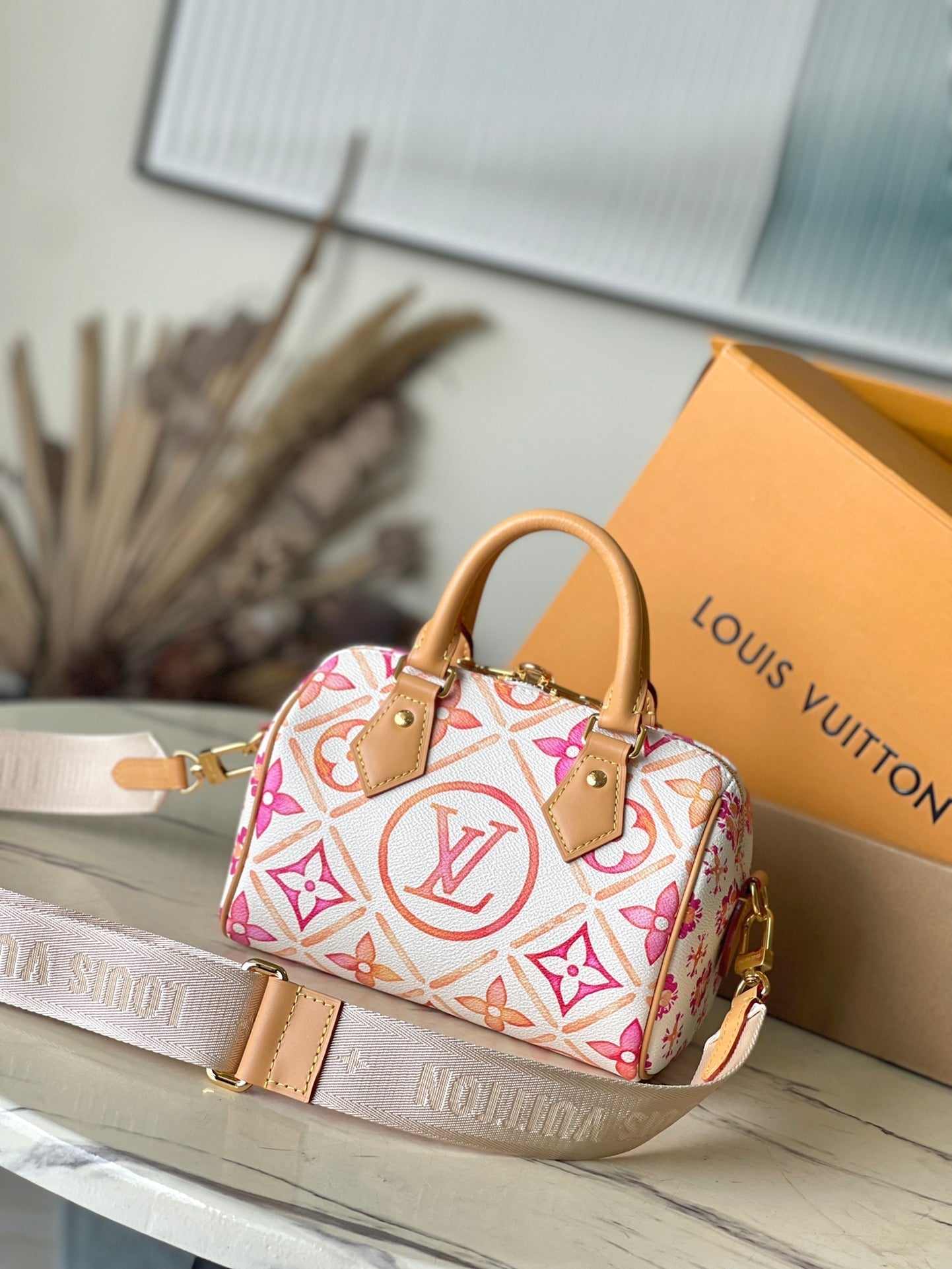 SPEEDY BANDOULI¨¨RE 20 IN CORAL MONOGRAM TILES CANVAS GOLD BUCKLE