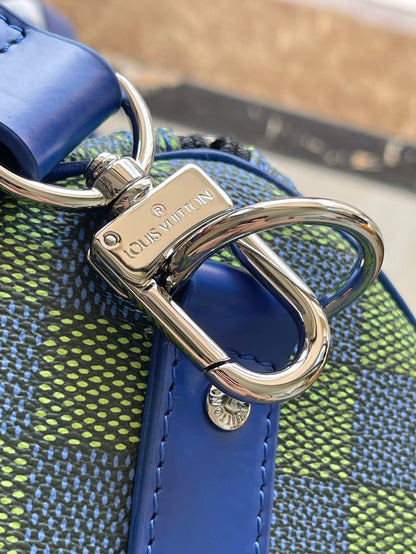KEEPALL BANDOULI¨¨RE 45 IN BLUE GREEN DAMIER HERITAGE COATED CANVAS