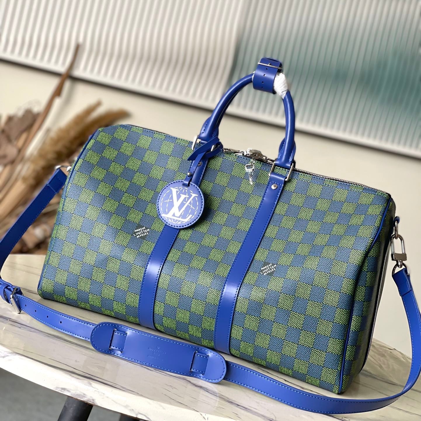 KEEPALL BANDOULI¨¨RE 45 IN BLUE GREEN DAMIER HERITAGE COATED CANVAS