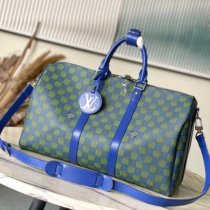 KEEPALL BANDOULI¨¨RE 45 IN BLUE GREEN DAMIER HERITAGE COATED CANVAS