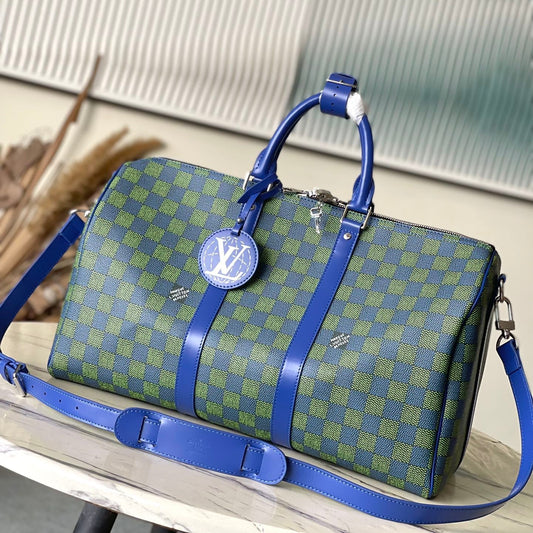KEEPALL BANDOULI¨¨RE 45 IN BLUE GREEN DAMIER HERITAGE COATED CANVAS