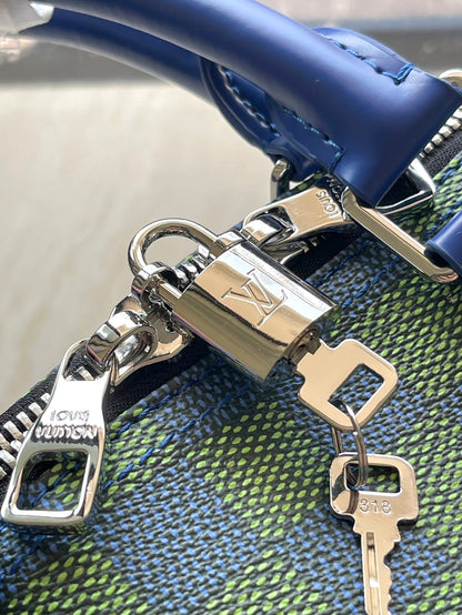 KEEPALL BANDOULI¨¨RE 45 IN BLUE GREEN DAMIER HERITAGE COATED CANVAS