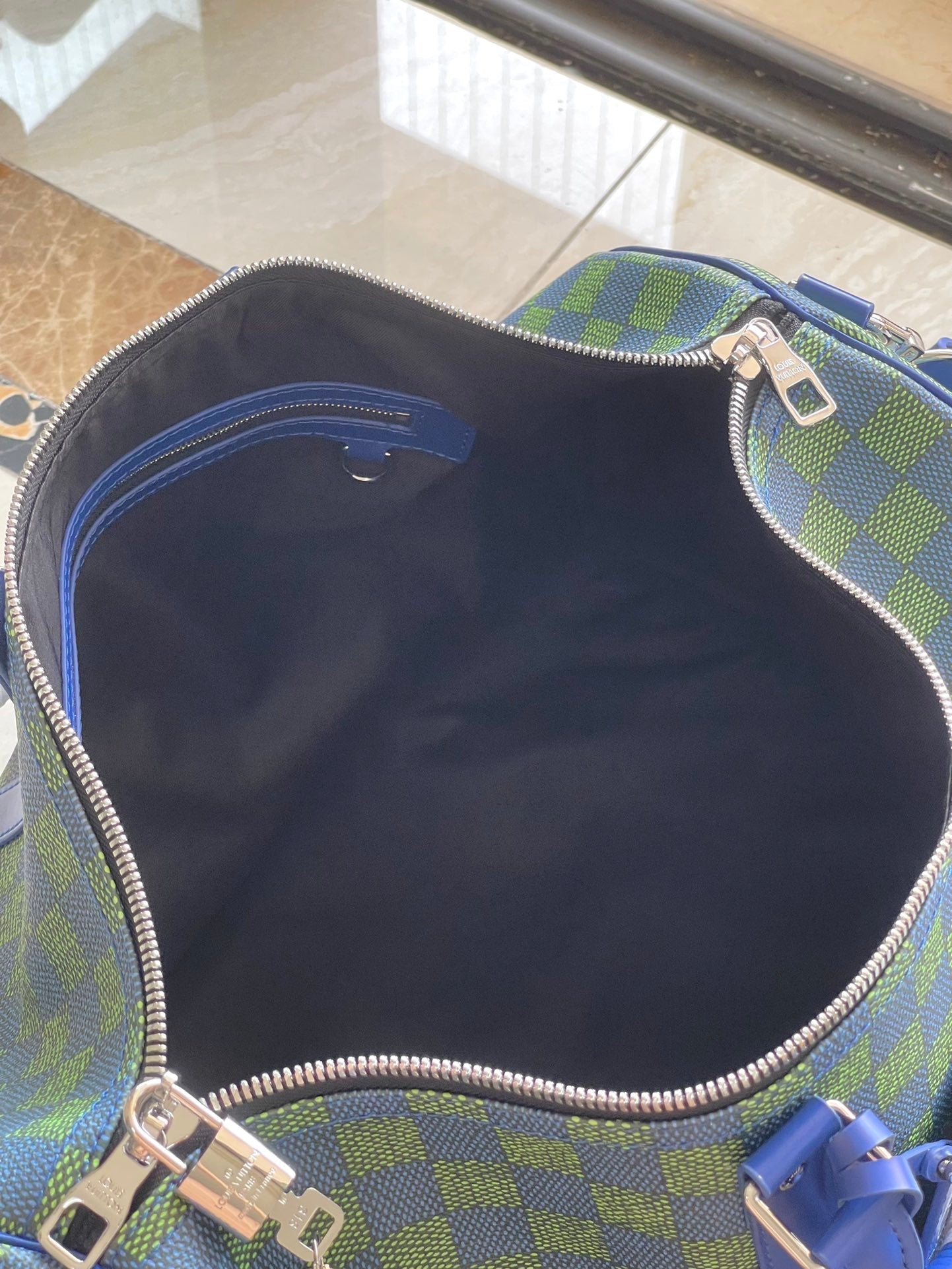 KEEPALL BANDOULI¨¨RE 45 IN BLUE GREEN DAMIER HERITAGE COATED CANVAS