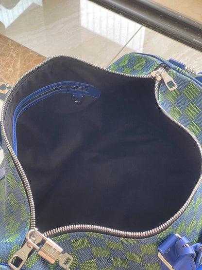 KEEPALL BANDOULI¨¨RE 45 IN BLUE GREEN DAMIER HERITAGE COATED CANVAS