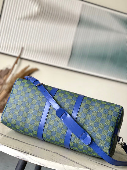 KEEPALL BANDOULI¨¨RE 45 IN BLUE GREEN DAMIER HERITAGE COATED CANVAS