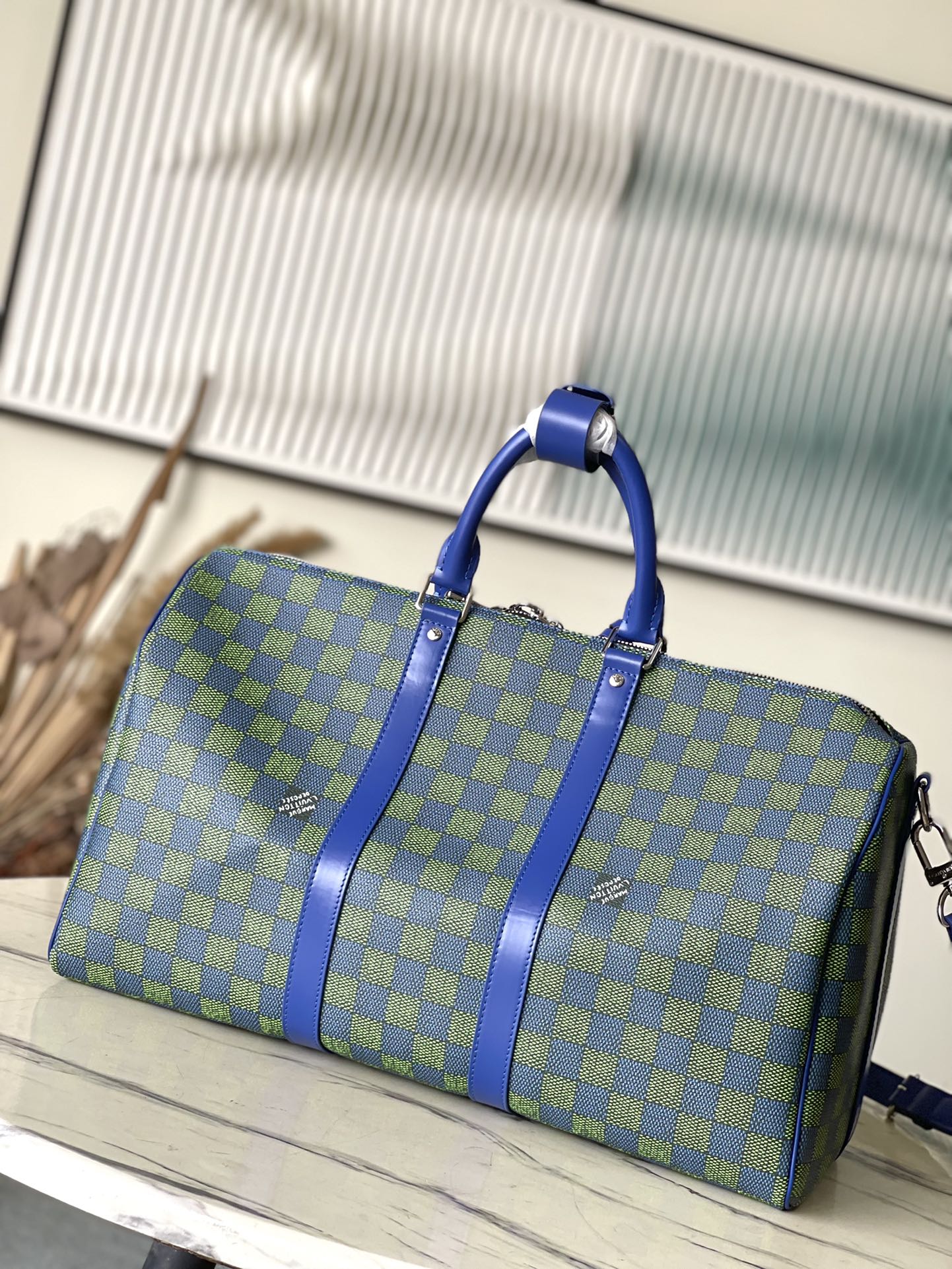 KEEPALL BANDOULI¨¨RE 45 IN BLUE GREEN DAMIER HERITAGE COATED CANVAS