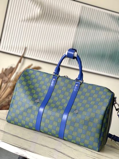 KEEPALL BANDOULI¨¨RE 45 IN BLUE GREEN DAMIER HERITAGE COATED CANVAS
