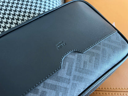 CLUTCH 22 WITH FF MOTIF IN DARK GRAY TEXTURED FABRIC AND BLACK LAMBSKIN TRIM