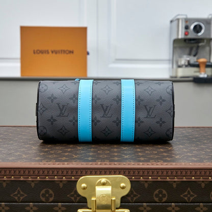 KEEPALL BANDOULI¨¨RE 25 IN GUN METAL MONOGRAM ECLIPSE CANVAS MIX TURQUOISE CALFSKIN