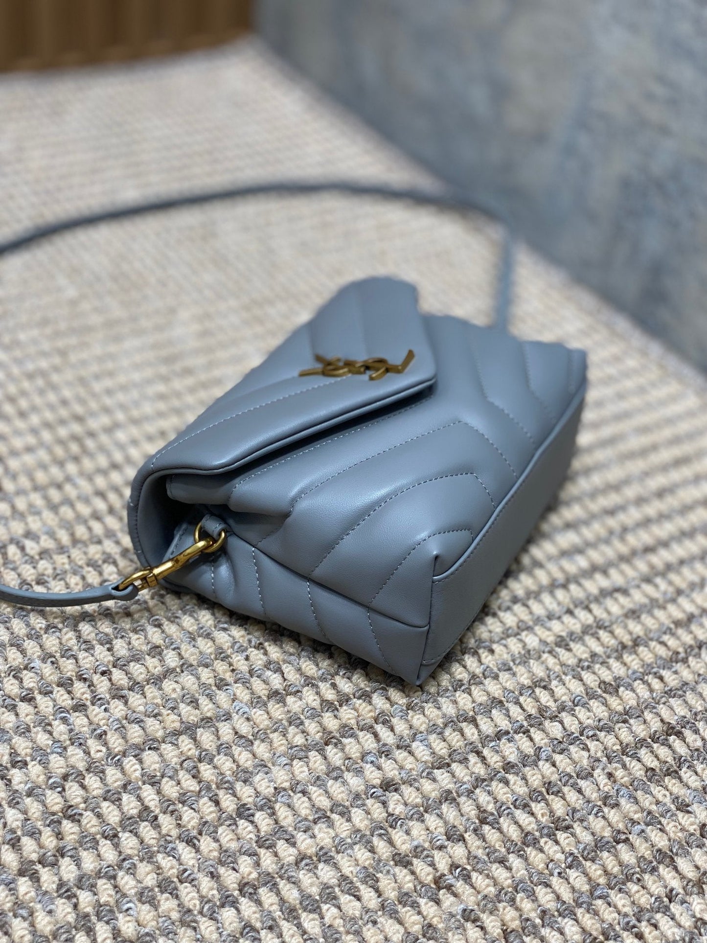 LOULOU MINI BAG 20 IN ASH BLUE QUILTED LAMBSKIN GOLD HARDWARE