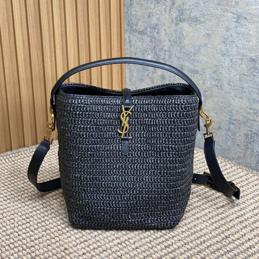 le 37 woven raffia 20cm black calfskin