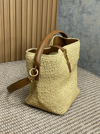 le 37 woven raffia 20cm brown calfskin